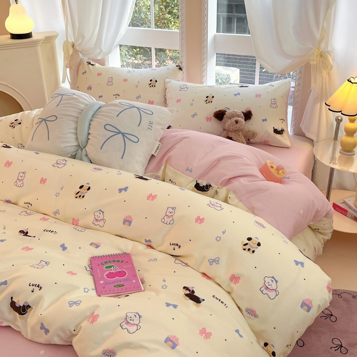 91家纺网 家纺一手货源 找家纺 Sweet dreams甜梦 2025新款全棉纯棉小清新卡通被套单品单被套被套单件 蝴蝶结小狗