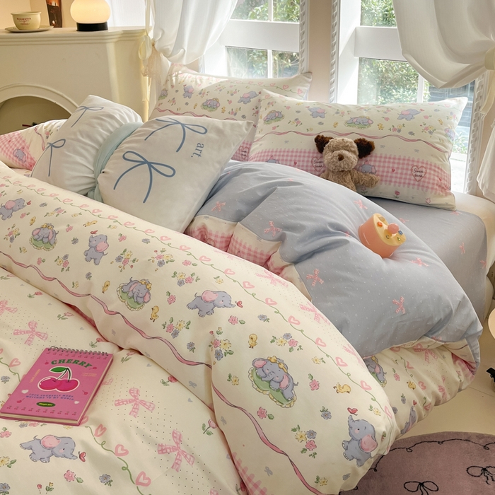 91家纺网 家纺一手货源 找家纺 Sweet dreams甜梦 2025新款全棉纯棉小清新卡通被套单品单被套被套单件 花花小象