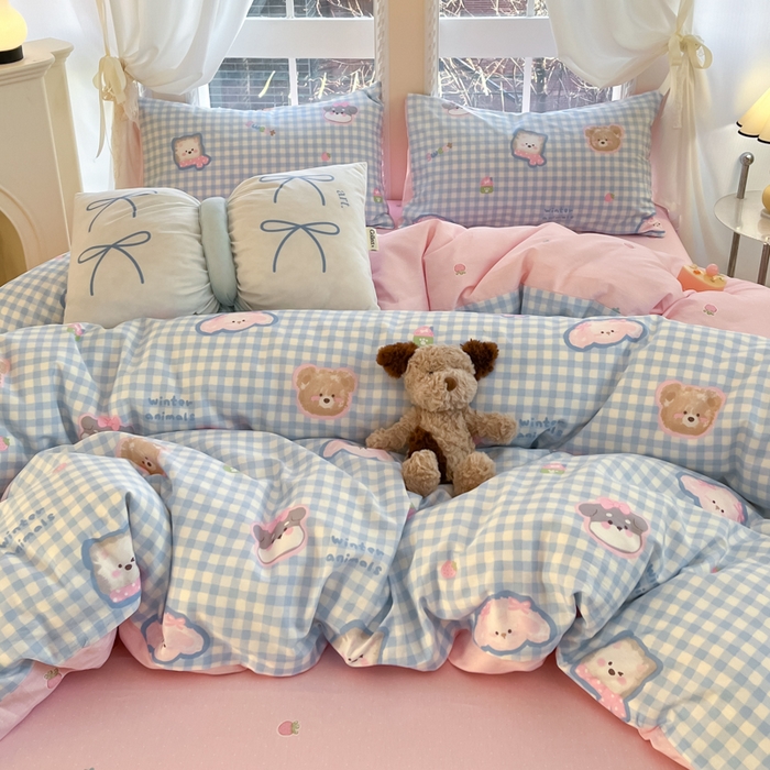 91家纺网 家纺一手货源 找家纺 Sweet dreams甜梦 2025新款全棉纯棉小清新卡通被套单品单被套被套单件 格子小狗