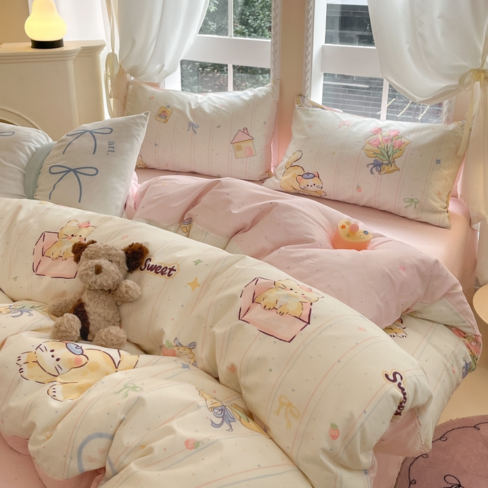 91家纺网 家纺一手货源 找家纺 Sweet dreams甜梦 2025新款全棉纯棉小清新卡通被套单品单被套被套单件 花花小猫