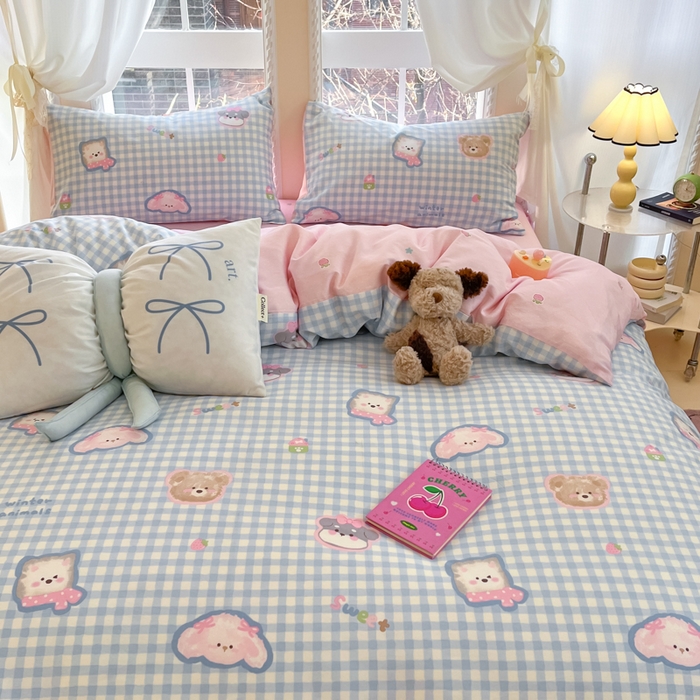 91家纺网 家纺一手货源 找家纺 Sweet dreams甜梦 2025新款全棉纯棉小清新卡通被套单品单被套被套单件 格子小狗