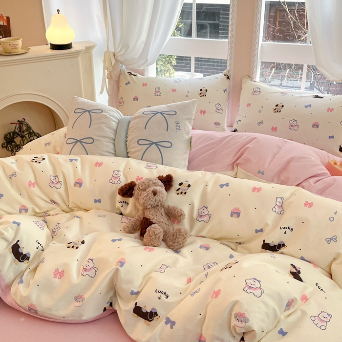 91家纺网 家纺一手货源 找家纺 Sweet dreams甜梦 2025新款全棉纯棉小清新卡通被套单品单被套被套单件 蝴蝶结小狗