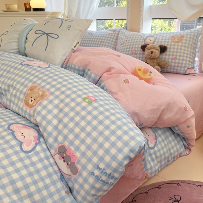 91家纺网 家纺一手货源 找家纺 Sweet dreams甜梦 2025新款全棉纯棉小清新卡通被套单品单被套被套单件 格子小狗