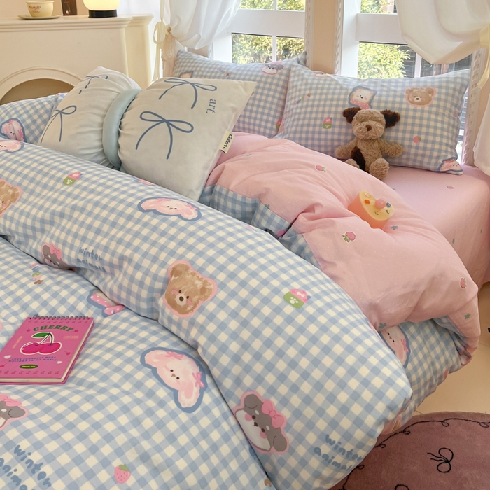 91家纺网 家纺一手货源 找家纺 Sweet dreams甜梦 2025新款全棉纯棉小清新卡通被套单品单被套被套单件 格子小狗