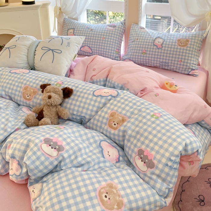 91家纺网 家纺一手货源 找家纺 Sweet dreams甜梦 2025新款全棉纯棉小清新卡通被套单品单被套被套单件 格子小狗