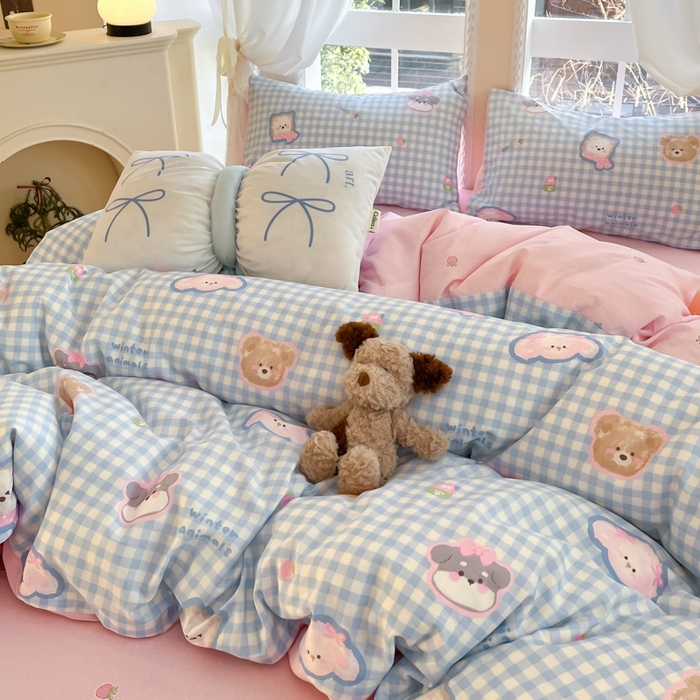 91家纺网 家纺一手货源 找家纺 Sweet dreams甜梦 2025新款全棉纯棉小清新卡通被套单品单被套被套单件 格子小狗