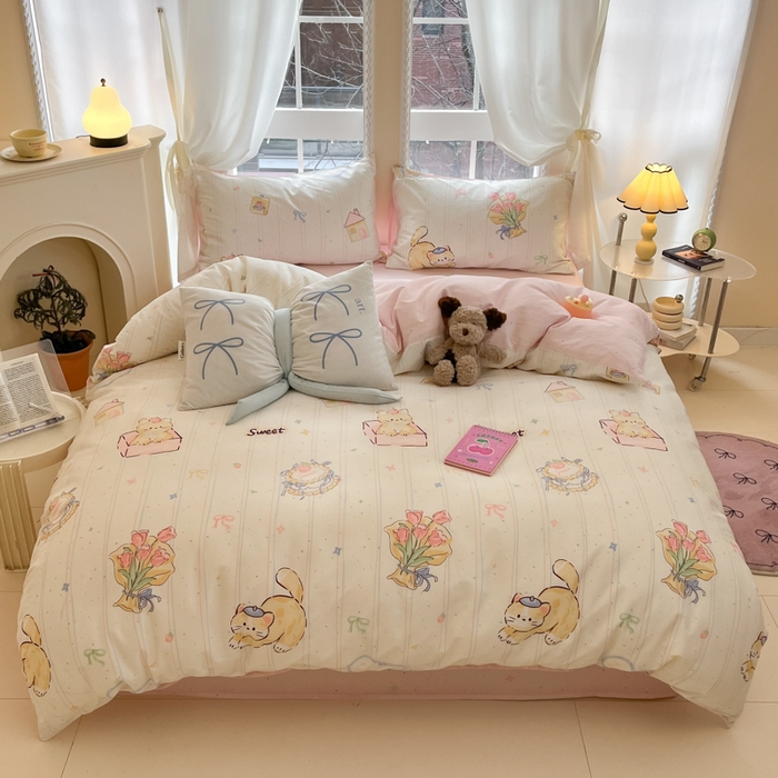 91家纺网 家纺一手货源 找家纺 Sweet dreams甜梦 2025新款全棉纯棉小清新卡通被套单品单被套被套单件 花花小猫
