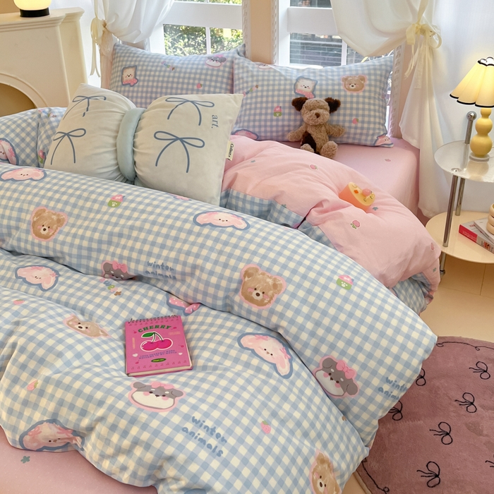 91家纺网 家纺一手货源 找家纺 Sweet dreams甜梦 2025新款全棉纯棉小清新卡通被套单品单被套被套单件 格子小狗