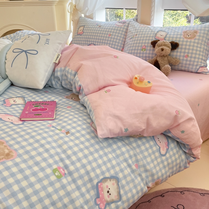 91家纺网 家纺一手货源 找家纺 Sweet dreams甜梦 2025新款全棉纯棉小清新卡通被套单品单被套被套单件 格子小狗