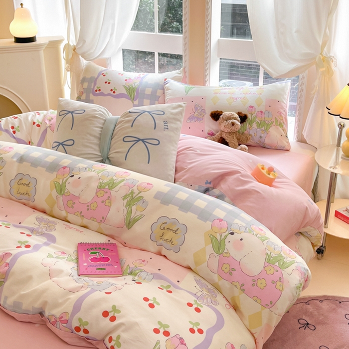 91家纺网 家纺一手货源 找家纺 Sweet dreams甜梦 2025新款全棉纯棉小清新卡通被套单品单被套被套单件 郁金香小狗