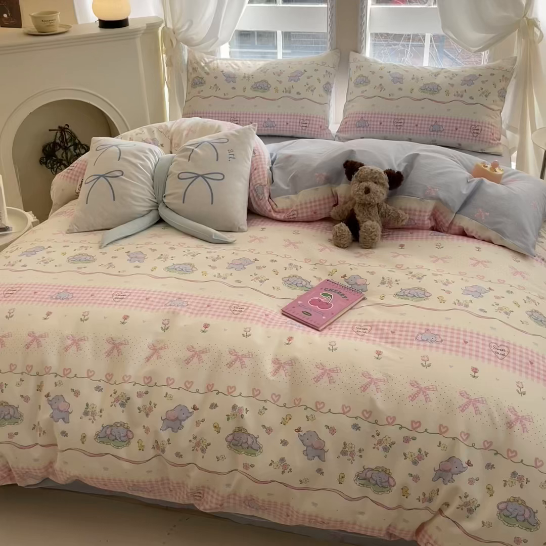 91家纺网 家纺一手货源 找家纺 Sweet dreams甜梦 2025新款全棉纯棉小清新卡通被套单品单被套被套单件 花花小象