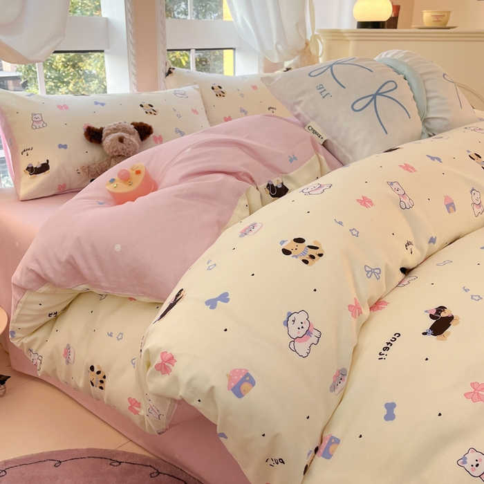 91家纺网 家纺一手货源 找家纺 Sweet dreams甜梦 2025新款全棉纯棉小清新卡通被套单品单被套被套单件 蝴蝶结小狗