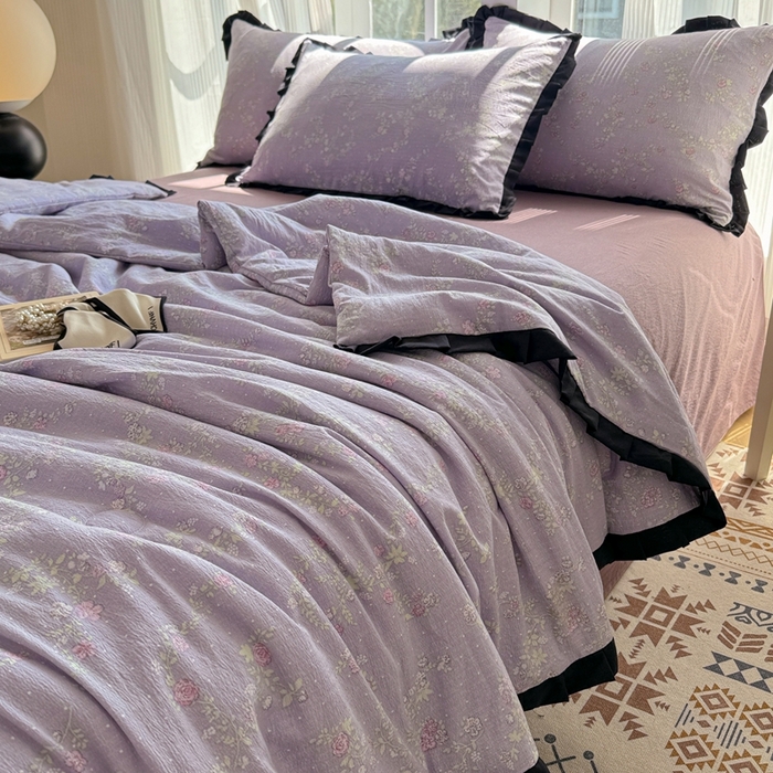 91家纺网 家纺一手货源 找家纺 芯贝儿 2025新款赫本风有氧云感m提花针织双层纱夏被夏凉被空调被四件套 紫萱