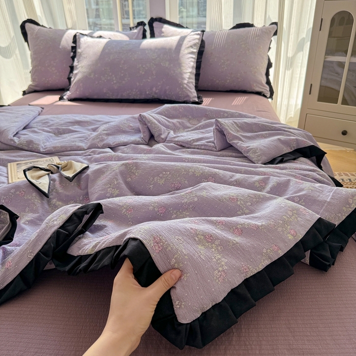 91家纺网 家纺一手货源 找家纺 芯贝儿 2025新款赫本风有氧云感m提花针织双层纱夏被夏凉被空调被四件套 紫萱