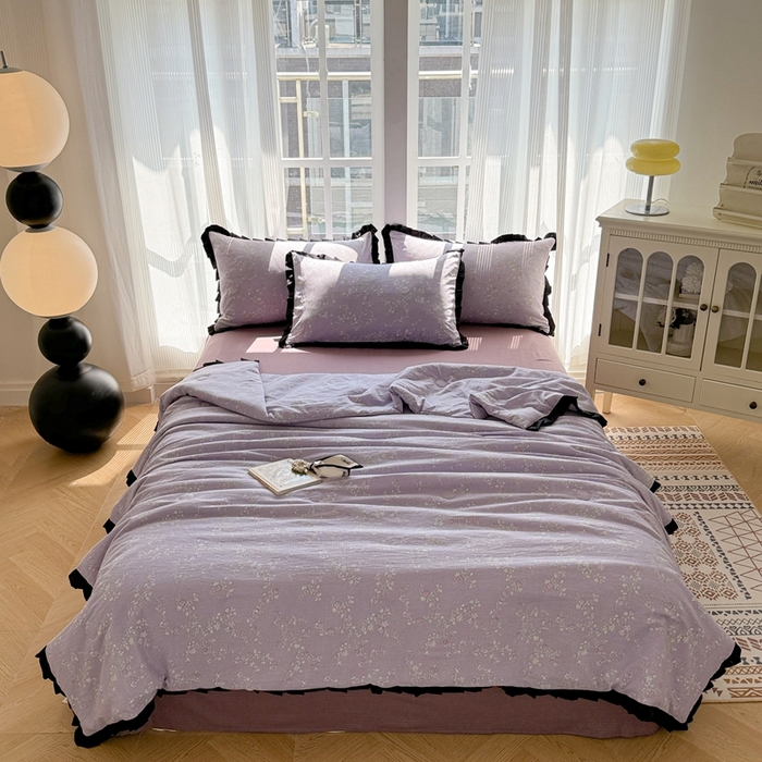 91家纺网 家纺一手货源 找家纺 芯贝儿 2025新款赫本风有氧云感m提花针织双层纱夏被夏凉被空调被四件套 紫萱