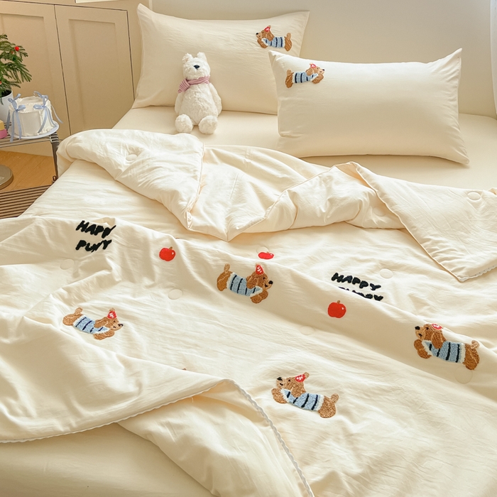 91家纺网 家纺一手货源 找家纺 Sweet dreams甜梦 2025新款毛巾绣夏被夏凉被空调被四件套 黄小狗