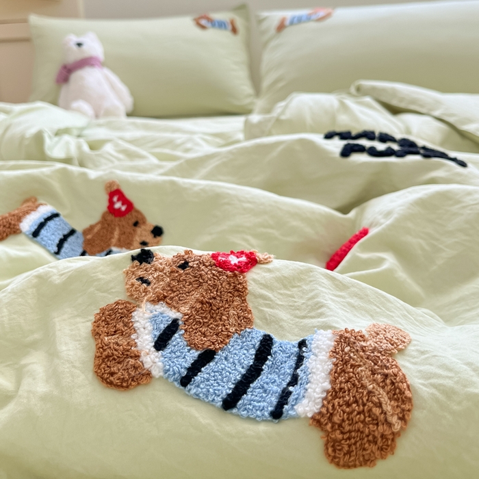 91家纺网 家纺一手货源 找家纺 Sweet dreams甜梦 2025新款毛巾绣夏被夏凉被空调被四件套 果绿小狗