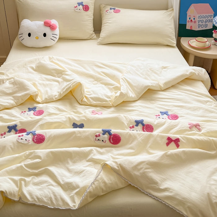 91家纺网 家纺一手货源 找家纺 Sweet dreams甜梦 2025新款毛巾绣夏被夏凉被空调被四件套 黄小猫