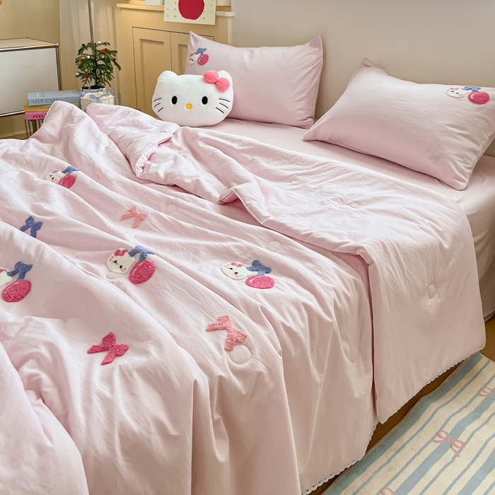 91家纺网 家纺一手货源 找家纺 Sweet dreams甜梦 2025新款毛巾绣夏被夏凉被空调被四件套 粉小猫