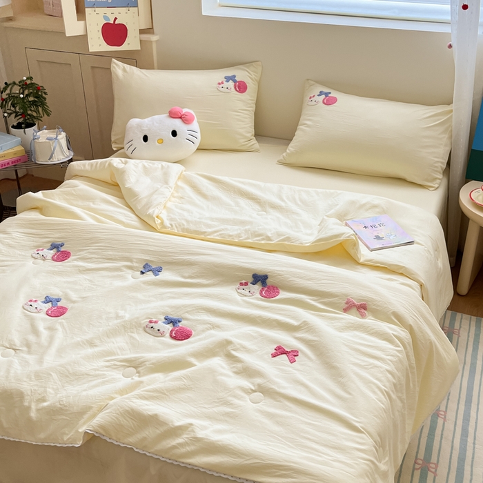 91家纺网 家纺一手货源 找家纺 Sweet dreams甜梦 2025新款毛巾绣夏被夏凉被空调被四件套 黄小猫