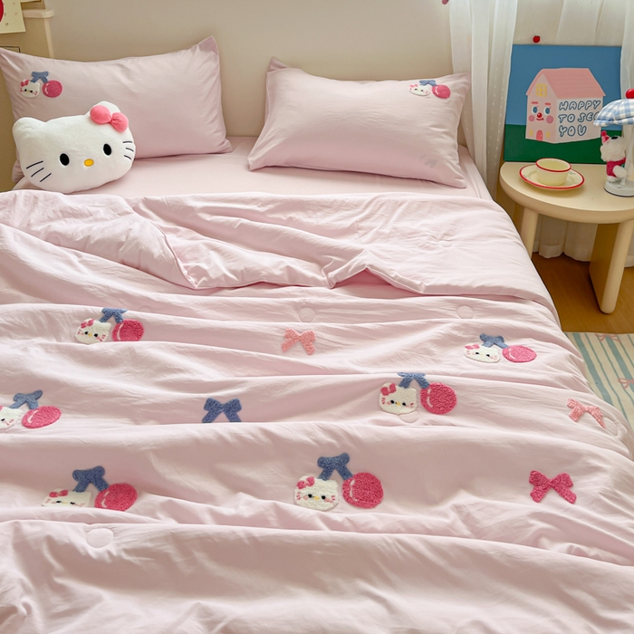 91家纺网 家纺一手货源 找家纺 Sweet dreams甜梦 2025新款毛巾绣夏被夏凉被空调被四件套 粉小猫
