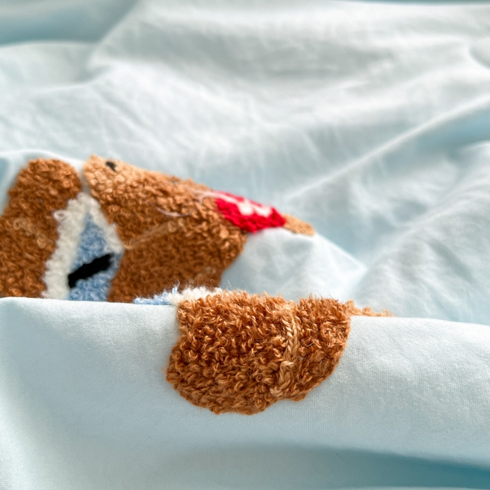 91家纺网 家纺一手货源 找家纺 Sweet dreams甜梦 2025新款毛巾绣夏被夏凉被空调被四件套 蓝小狗