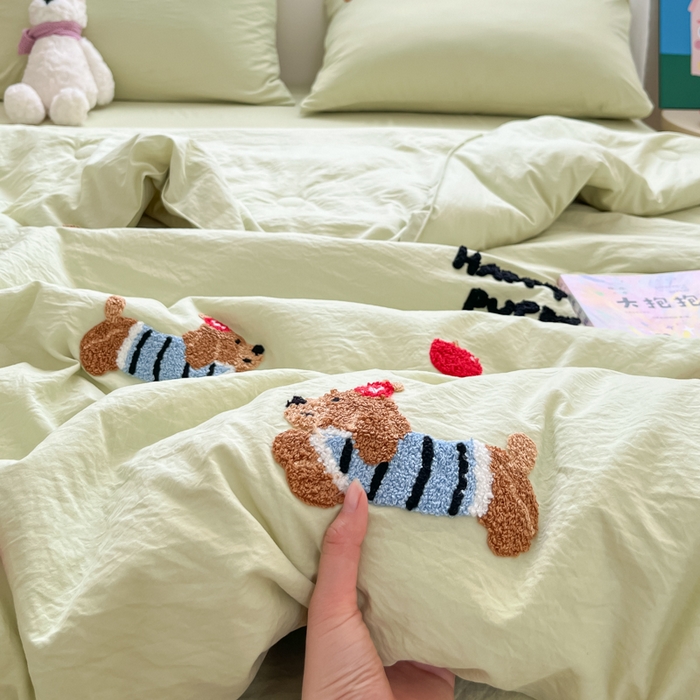 91家纺网 家纺一手货源 找家纺 Sweet dreams甜梦 2025新款毛巾绣夏被夏凉被空调被四件套 果绿小狗