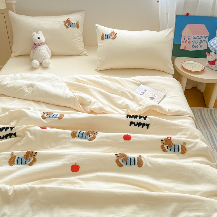 91家纺网 家纺一手货源 找家纺 Sweet dreams甜梦 2025新款毛巾绣夏被夏凉被空调被四件套 黄小狗