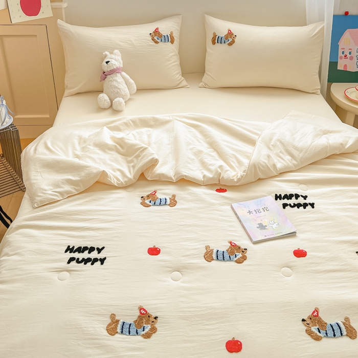 91家纺网 家纺一手货源 找家纺 Sweet dreams甜梦 2025新款毛巾绣夏被夏凉被空调被四件套 黄小狗