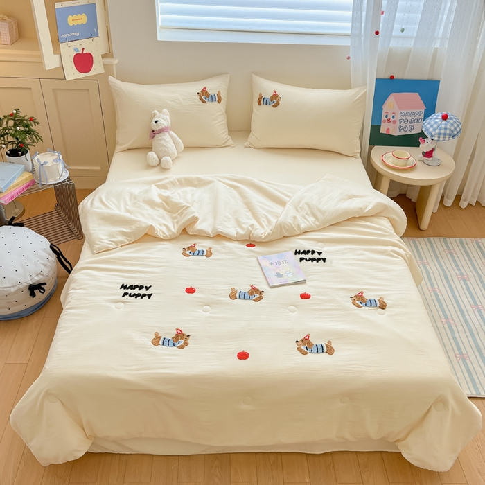 91家纺网 家纺一手货源 找家纺 Sweet dreams甜梦 2025新款毛巾绣夏被夏凉被空调被四件套 黄小狗