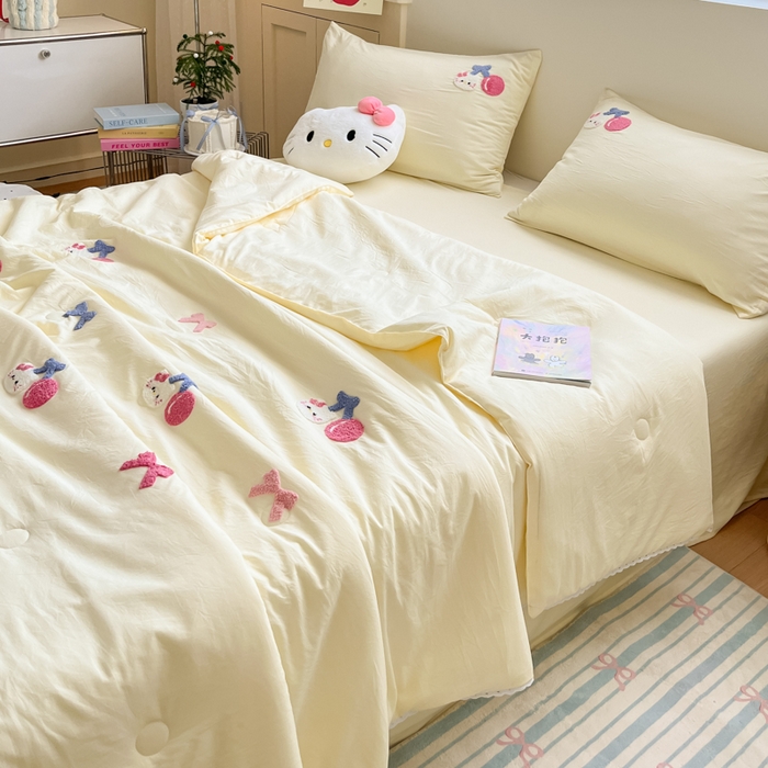 91家纺网 家纺一手货源 找家纺 Sweet dreams甜梦 2025新款毛巾绣夏被夏凉被空调被四件套 黄小猫