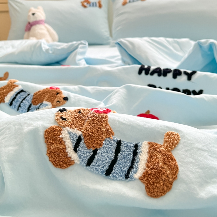 91家纺网 家纺一手货源 找家纺 Sweet dreams甜梦 2025新款毛巾绣夏被夏凉被空调被四件套 蓝小狗