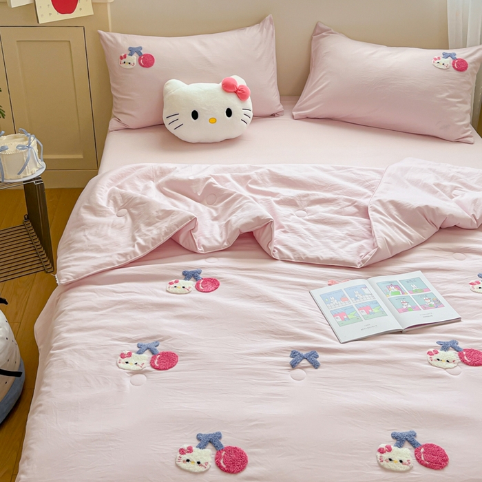 91家纺网 家纺一手货源 找家纺 Sweet dreams甜梦 2025新款毛巾绣夏被夏凉被空调被四件套 粉小猫