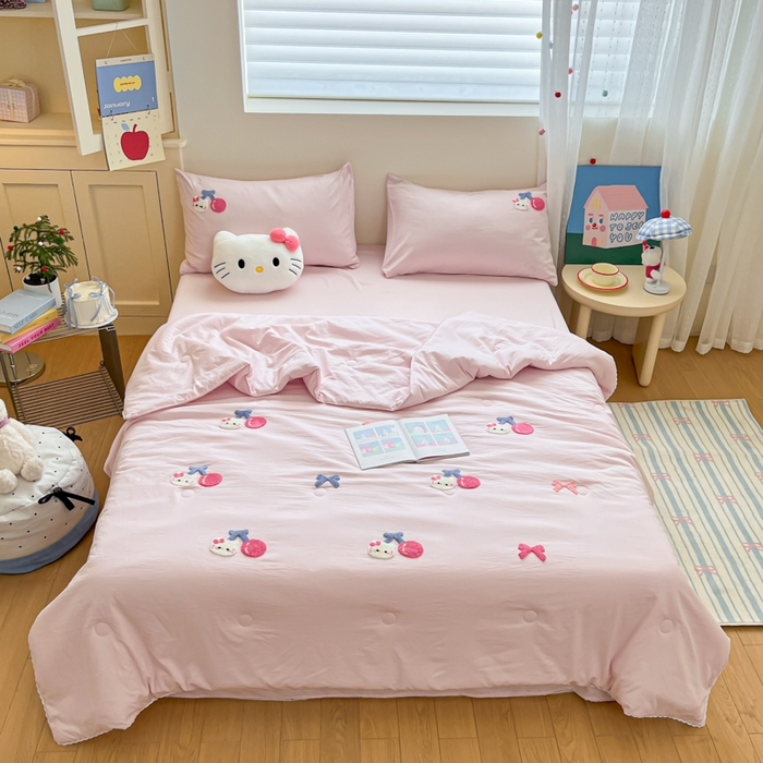 91家纺网 家纺一手货源 找家纺 Sweet dreams甜梦 2025新款毛巾绣夏被夏凉被空调被四件套 粉小猫