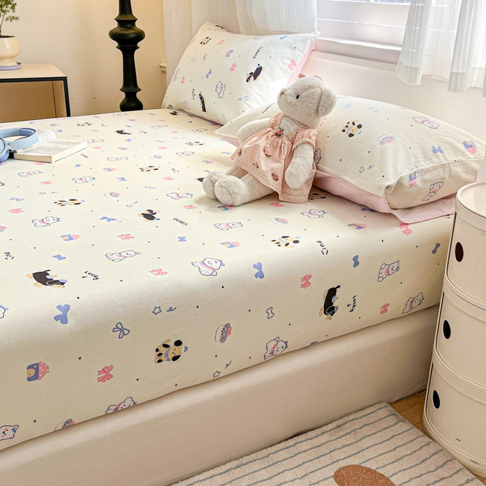 91家纺网 家纺一手货源 找家纺 Sweet dreams甜梦 2025新款全棉纯棉小清新印花床笠单品单床笠床笠单件 蝴蝶结小狗