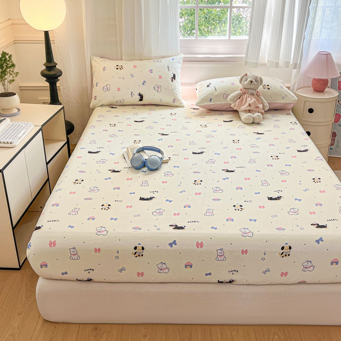 91家纺网 家纺一手货源 找家纺 Sweet dreams甜梦 2025新款全棉纯棉小清新印花床笠单品单床笠床笠单件 蝴蝶结小狗