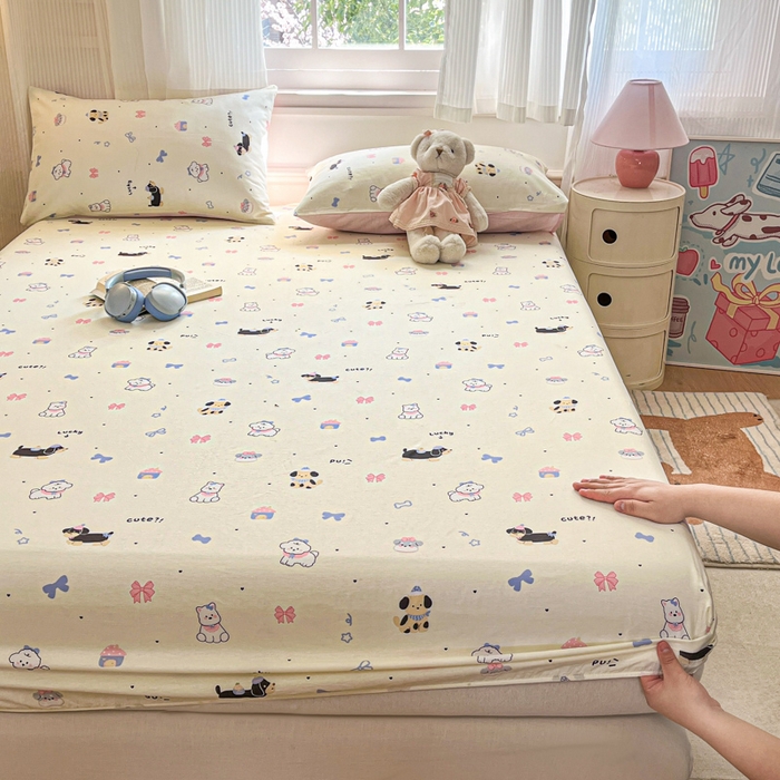 91家纺网 家纺一手货源 找家纺 Sweet dreams甜梦 2025新款全棉纯棉小清新印花床笠单品单床笠床笠单件 蝴蝶结小狗