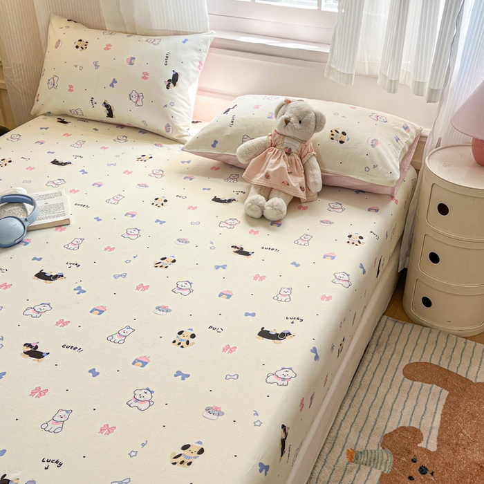 91家纺网 家纺一手货源 找家纺 Sweet dreams甜梦 2025新款全棉纯棉小清新印花床笠单品单床笠床笠单件 蝴蝶结小狗