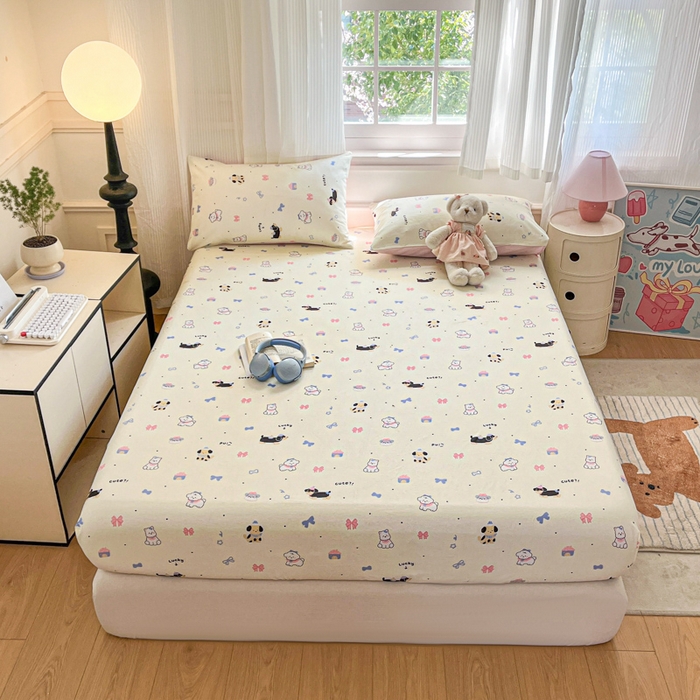 91家纺网 家纺一手货源 找家纺 Sweet dreams甜梦 2025新款全棉纯棉小清新印花床笠单品单床笠床笠单件 蝴蝶结小狗