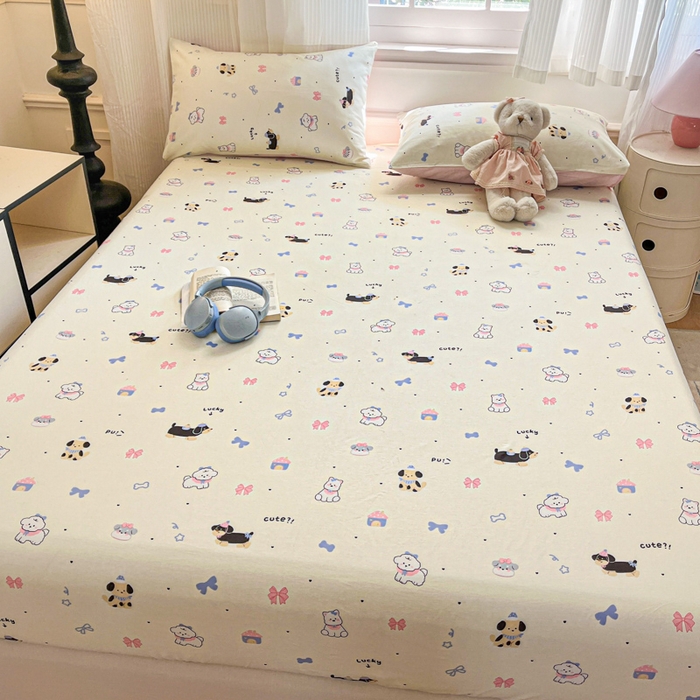 91家纺网 家纺一手货源 找家纺 Sweet dreams甜梦 2025新款全棉纯棉小清新印花床笠单品单床笠床笠单件 蝴蝶结小狗