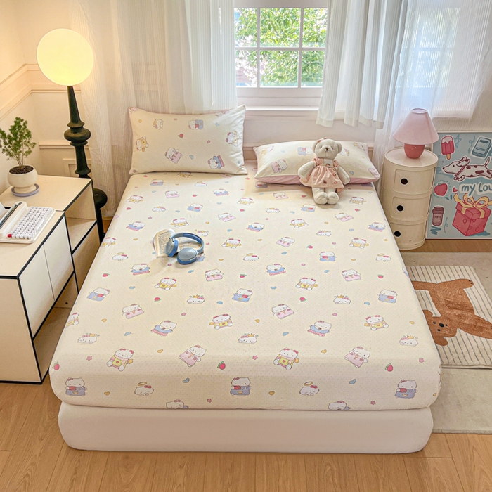 91家纺网 家纺一手货源 找家纺 Sweet dreams甜梦 2025新款全棉纯棉小清新印花床笠单品单床笠床笠单件 草莓小猫