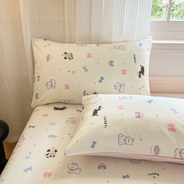 91家纺网 家纺一手货源 找家纺 Sweet dreams甜梦 2025新款全棉纯棉小清新印花床笠单品单床笠床笠单件 蝴蝶结小狗