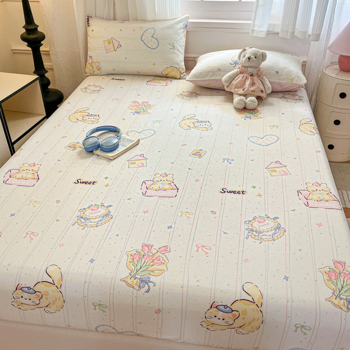 91家纺网 家纺一手货源 找家纺 Sweet dreams甜梦 2025新款全棉纯棉小清新印花床笠单品单床笠床笠单件 花花小猫