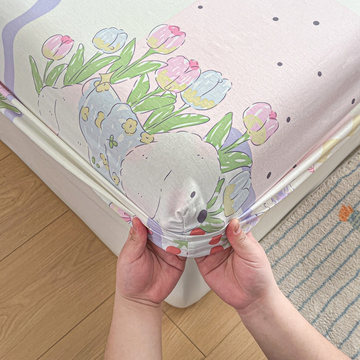 91家纺网 家纺一手货源 找家纺 Sweet dreams甜梦 2025新款全棉纯棉小清新印花床笠单品单床笠床笠单件 郁金香小狗