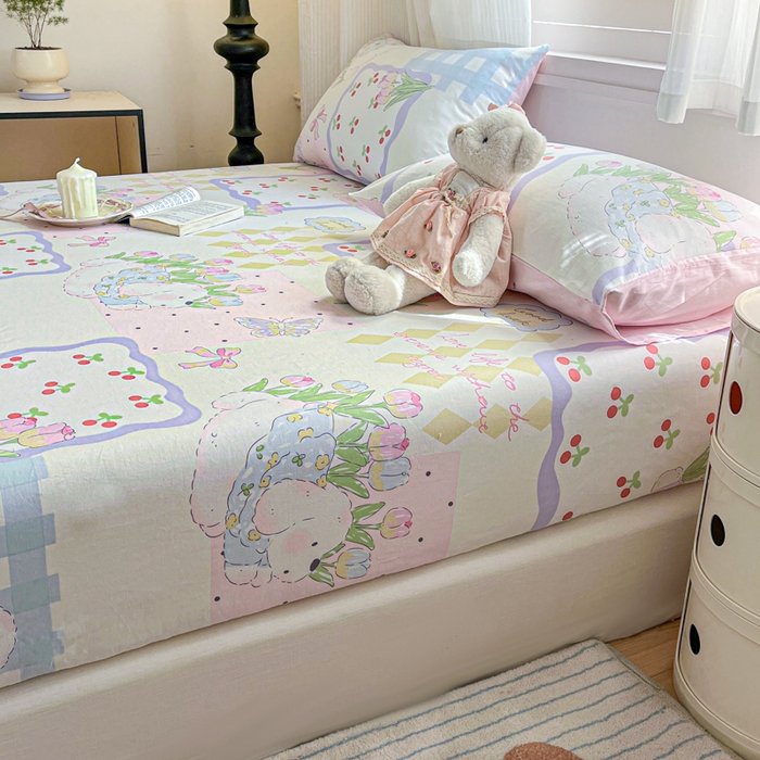 91家纺网 家纺一手货源 找家纺 Sweet dreams甜梦 2025新款全棉纯棉小清新印花床笠单品单床笠床笠单件 郁金香小狗