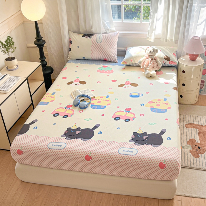 91家纺网 家纺一手货源 找家纺 Sweet dreams甜梦 2025新款全棉纯棉小清新印花床笠单品单床笠床笠单件 蛋糕猫猫