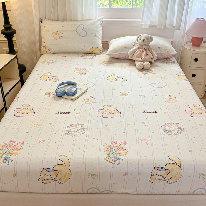 91家纺网 家纺一手货源 找家纺 Sweet dreams甜梦 2025新款全棉纯棉小清新印花床笠单品单床笠床笠单件 花花小猫