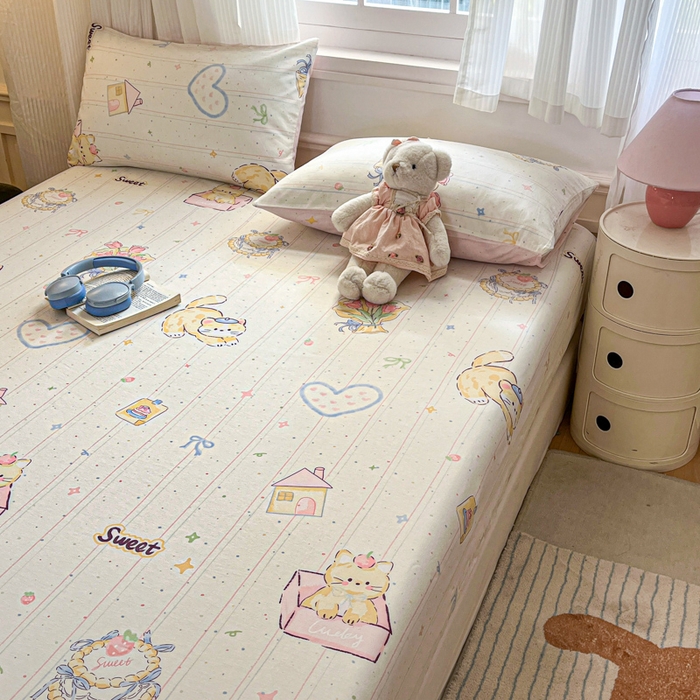 91家纺网 家纺一手货源 找家纺 Sweet dreams甜梦 2025新款全棉纯棉小清新印花床笠单品单床笠床笠单件 花花小猫