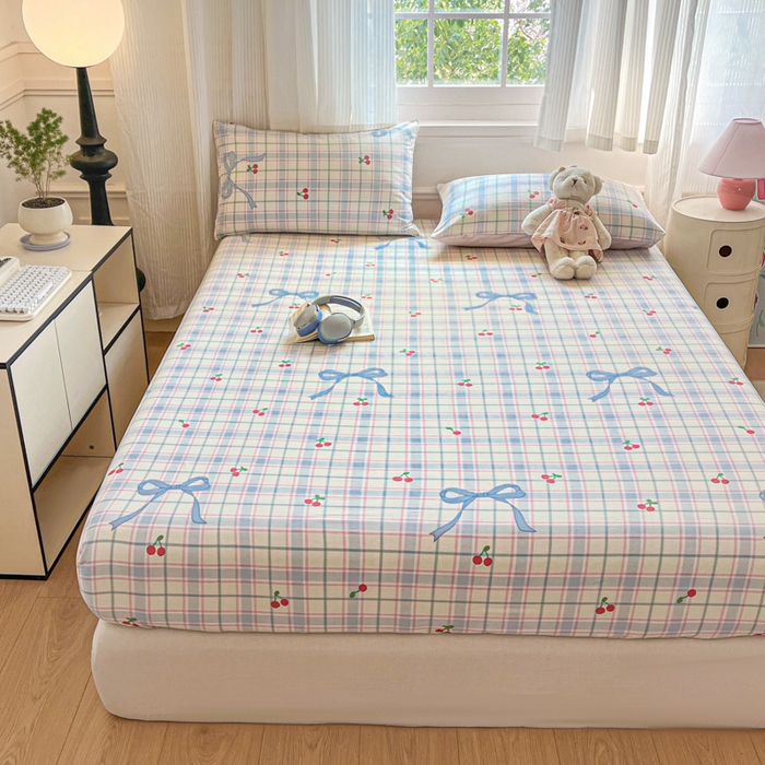 91家纺网 家纺一手货源 找家纺 Sweet dreams甜梦 2025新款全棉纯棉小清新印花床笠单品单床笠床笠单件 蝴蝶结樱桃