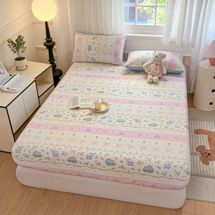 91家纺网 家纺一手货源 找家纺 Sweet dreams甜梦 2025新款全棉纯棉小清新印花床笠单品单床笠床笠单件 花花小象